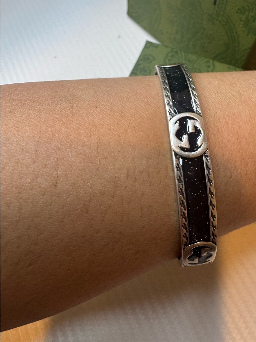 Gucci Silver-Tone Cuff with Black Inlay and Interlocking G Detail